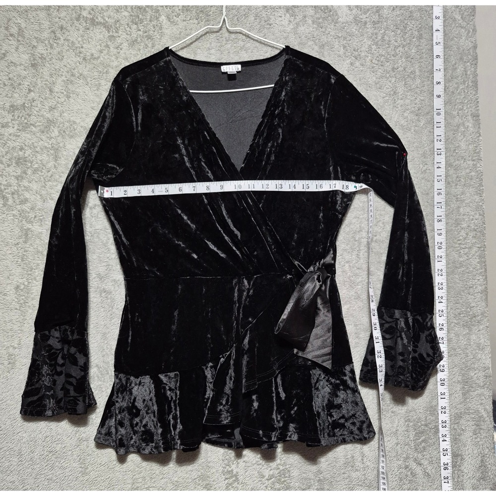 Splendid Black Crushed Velvet Wrap Top Floral Burnout Bell Sleeve Peplum Blouse - Picture 4 of 5